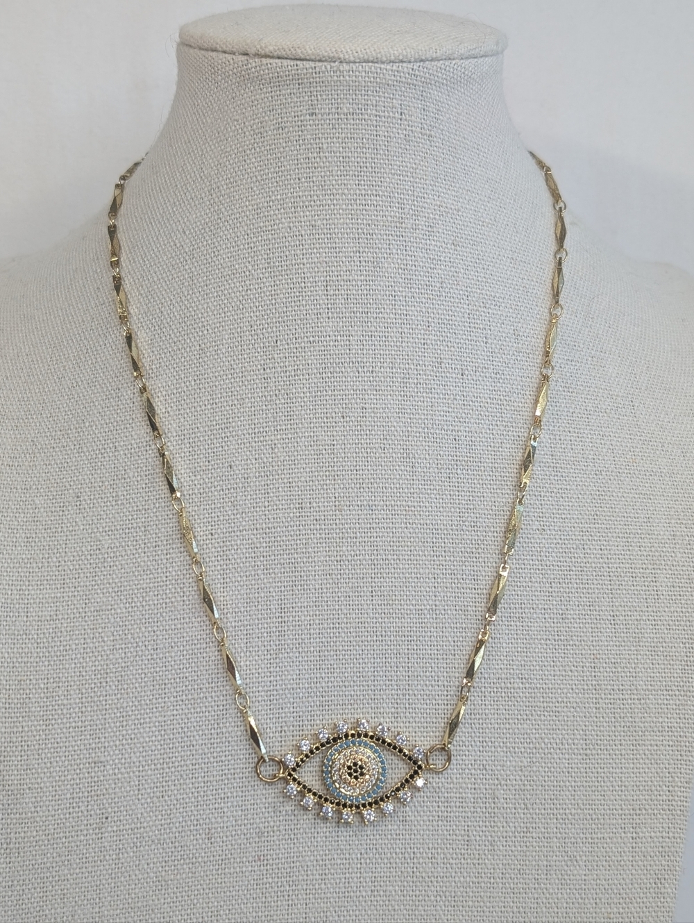 Dainty Boho Evil Eye Rhinestone Gold Tone Necklace Signed